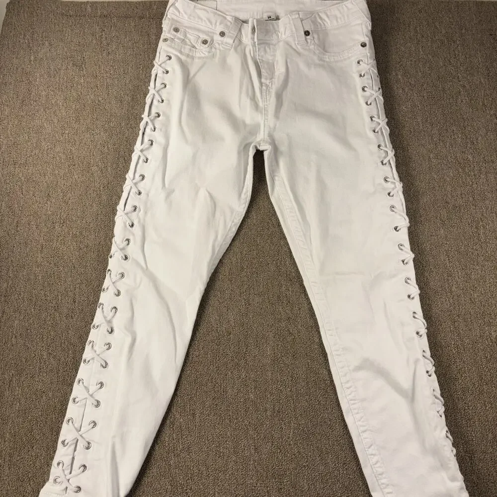True Religion Lace Up Sides Jeans Men’s White Skinny Clean 34x26
